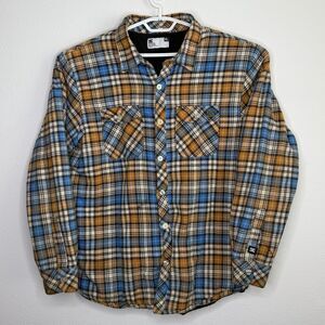 DC Shoes Sherpa Lined Flannel Jacket Plaid Blue Tan Button Up Men’s XL